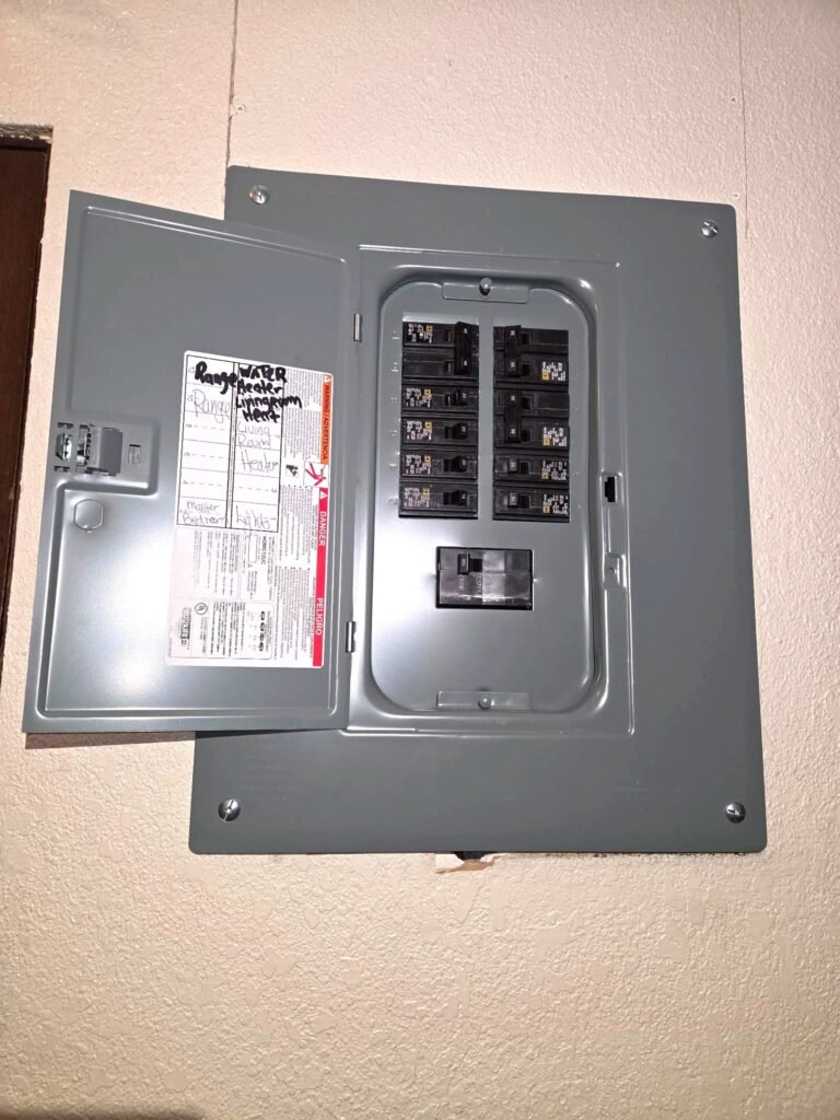 Finished electrical panel swap by Le Bros Construction, dead front cover on with hand-labeled circuit directory