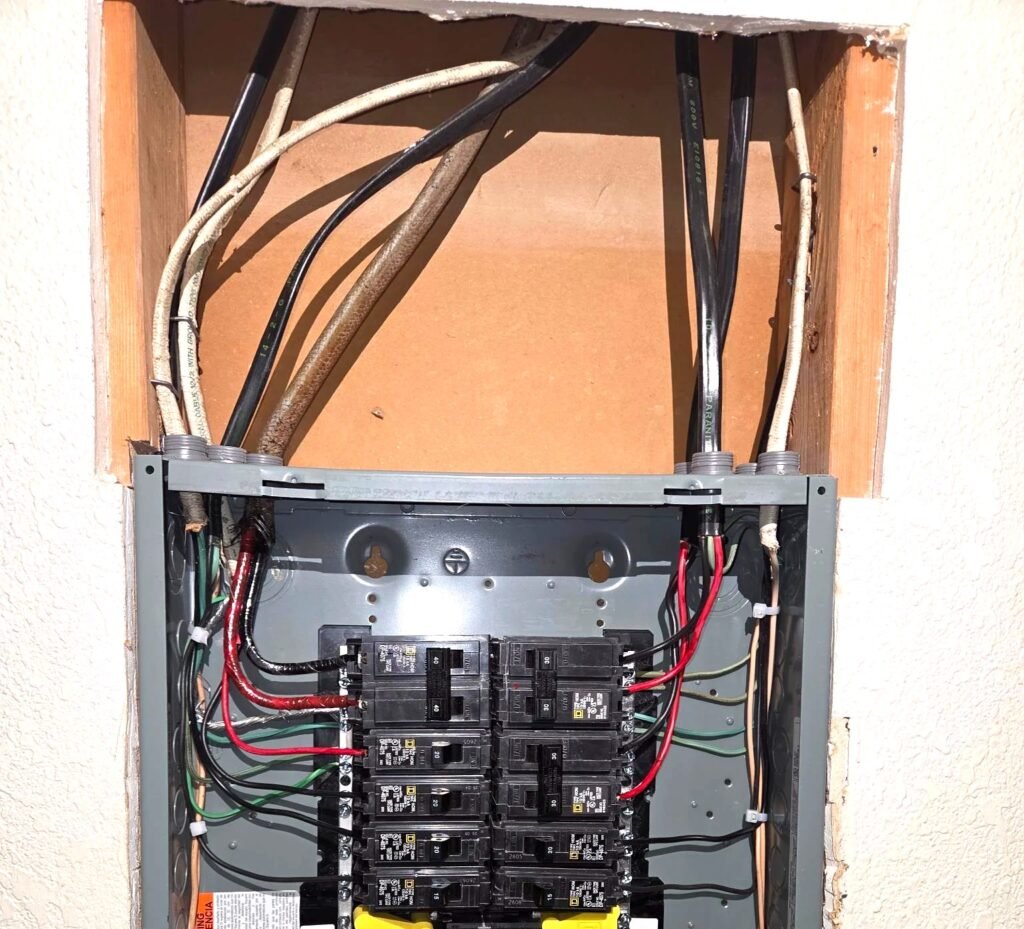 New Square D HOM 100A electrical panel installed by Le Bros Construction, clean wire routing and torqued breakers